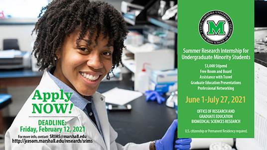 ASU SOLUR (@asu_solur) on Twitter photo Check out this <a href="/MUSOMWV/">Marshall School of Medicine</a> summer research internship opportunity for underrepresented groups in #biomedical fields! Apps due 2/12/21. $3k stipend and 9 weeks of research exp.
For more information visit: jcesom.marshall.edu/research/srims
#Biology #undergraduate #research #SOLUR Check out this <a href="/MUSOMWV/">Marshall School of Medicine</a> summer research internship opportunity for underrepresented groups in #biomedical fields! Apps due 2/12/21. $3k stipend and 9 weeks of research exp.
For more information visit: jcesom.marshall.edu/research/srims
#Biology #undergraduate #research #SOLUR