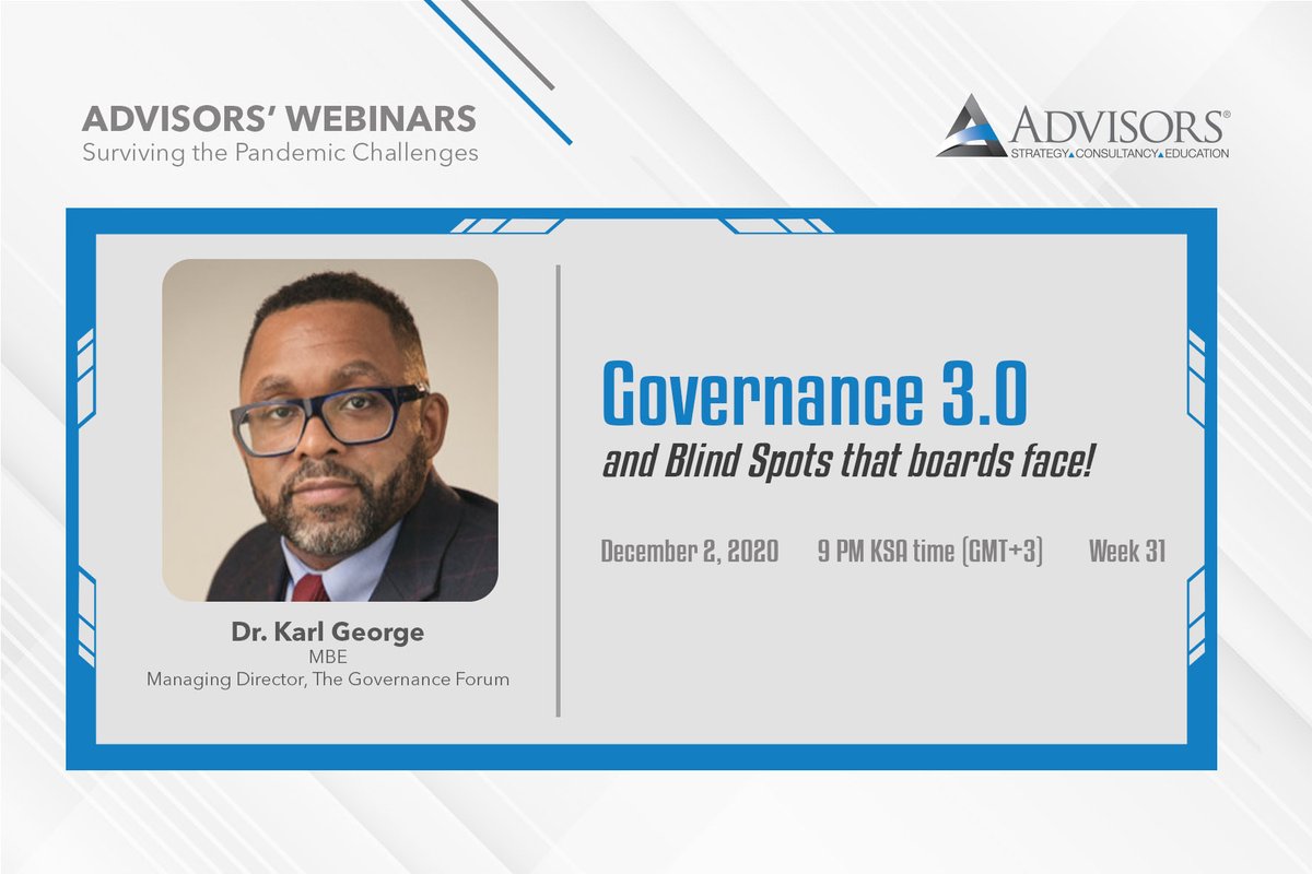 Going live in 1 hour with Dr. Karl George on Governance 3.0!
event.webinarjam.com/channel/ADVISO…

#Governance #Advisors #Webinar #Series #CovidSupport #KnowledgeSharing