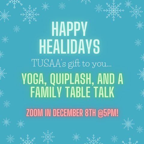 TUStudentAlumni's tweet photo. On December 8th at 5 PM, we at TUSAA wish to celebrate the Healidays with you through a Zoom session where attendees can do yoga with a TU alumni, play Quiplash to win some Temple swag, and chat with fellow students in a Family Table Talk to share holiday traditions and stories. https://t.co/7O5qEDzzEh