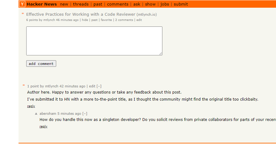 Okay, I'm checking HN for the first time. 6 points. It still has a decent chance at the front page, but it's not *as* much traction as I was hoping for after 46 minutes.