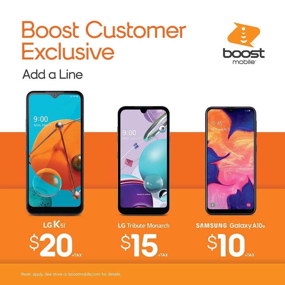 BoostMichigan's tweet image. ⏰ Time to save! Get the LG K51 for $20 + tax, the LG Tribute Monarch for $15 + tax, or the Samsung Galaxy A10e for $10 + tax when you add a line. Restr. apply. In-store only. Ends 1/7.