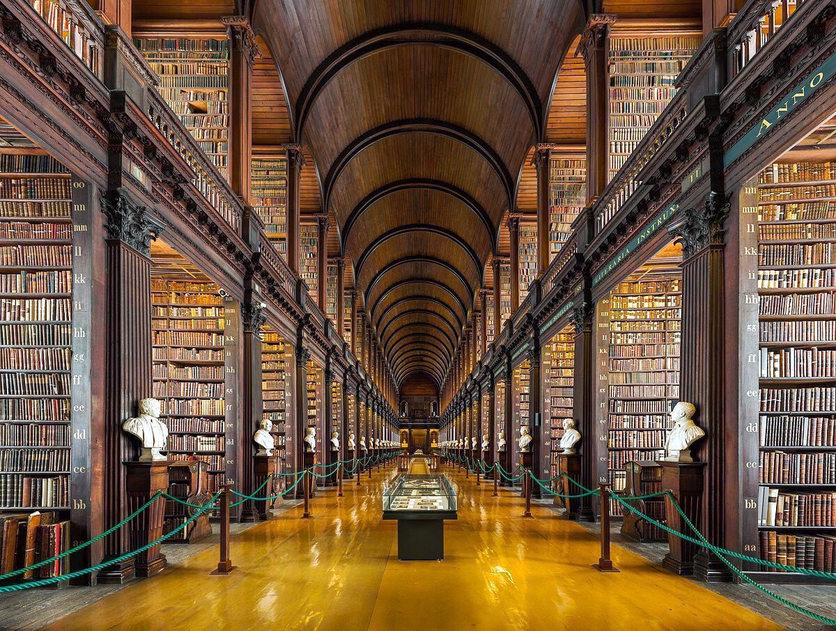 Old Library, Trinity College Dublin. This is the oldest library, 1712-33, (& one of many) in the University. It holds a superb collection of manuscripts, early printed books & collections. Of its 6 million books the greatest treasure is the 800AD Book of Kells.