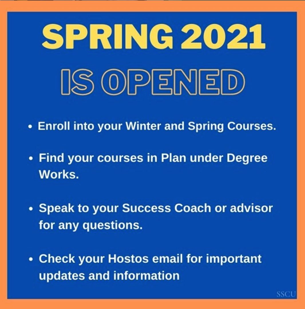 HostosWriting's tweet photo. #Writers, have you registered for spring semester 2021? No? Then this reminder is for you. The winter and spring course selections are open on CUNYFirst.

Don't delay, and register now.

📷 @hostos_sscu

#EnrollatHostos #SSCU #Spring2021 #StudentSuccessCoach #CUNY https://t.co/gUkhE0m6Vs
