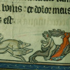 Here David speaks to God, while hounds pursue a naked man on a deer's back in the lower margin. Hunting was a common sexual metaphor, and it's the nude man being hunted here. (Walters Art Museum, W45 ,f. 71r)