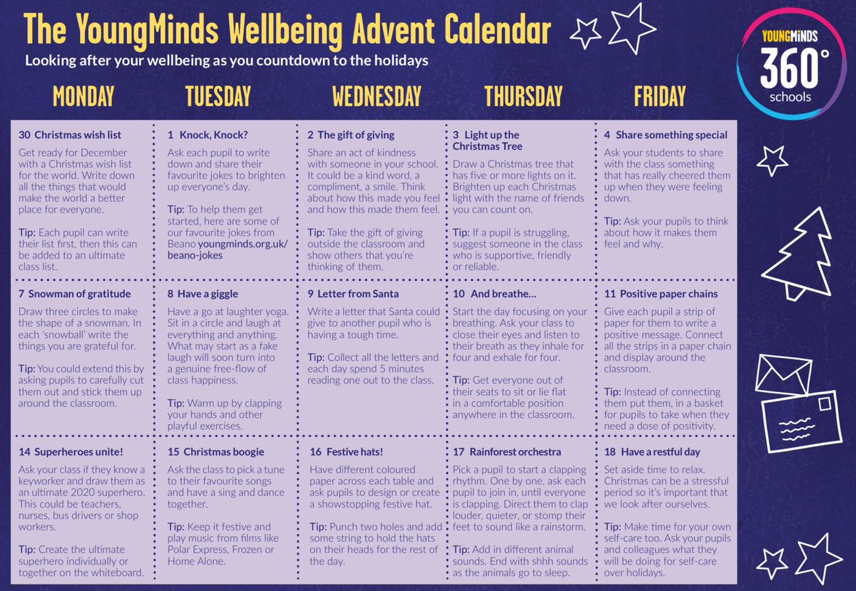 We’ve made a wellbeing advent calendar for schools. If you know a teacher, tag them in the comments  💛  #360Advent