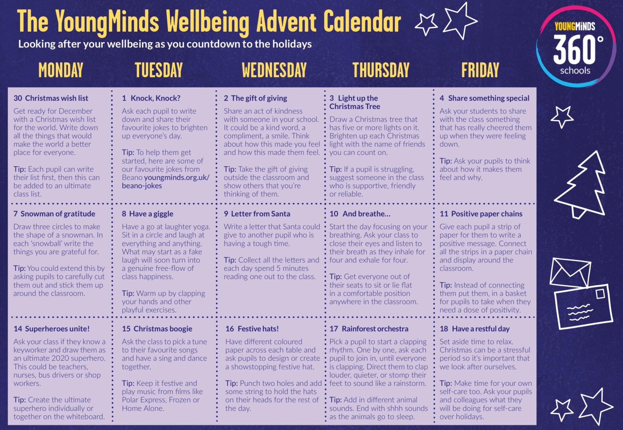 YoungMinds on X: "We've made a wellbeing advent calendar for schools. If  you know a teacher, tag them in the comments 💛 #360Advent  https://t.co/GJHymVGLMB" / X