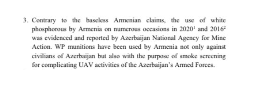Claim #3: Armenia used white phosphorous against Azerbaijani civilians & for smoke screening.Any documented "evidence" other than a staged shell? Casualties among the civilians with textbook WP burns? Any verified (not fake!!!) videos? 