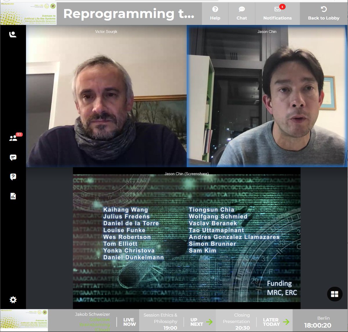 MaxSynBio's tweet photo. Jason Chin's concept for his contribution at our #MaxSynBio2020 Symposium is very innovative: Pre-recorded presentation and live discussion - maybe the future for online presentations?
"Reprogramming the Genetic Code" @Cambridge_Uni
@MRC_LMB https://t.co/stZfpl18qo