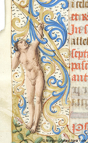 In this manuscript page, a nude man fires an arrow (perhaps a representation of Cupid?) at David, as David plays his harp. Two wild men, seemingly naked and covered with hair, wrestle at the bottom of the page.(Morgan, MS M.463, f. 276v)