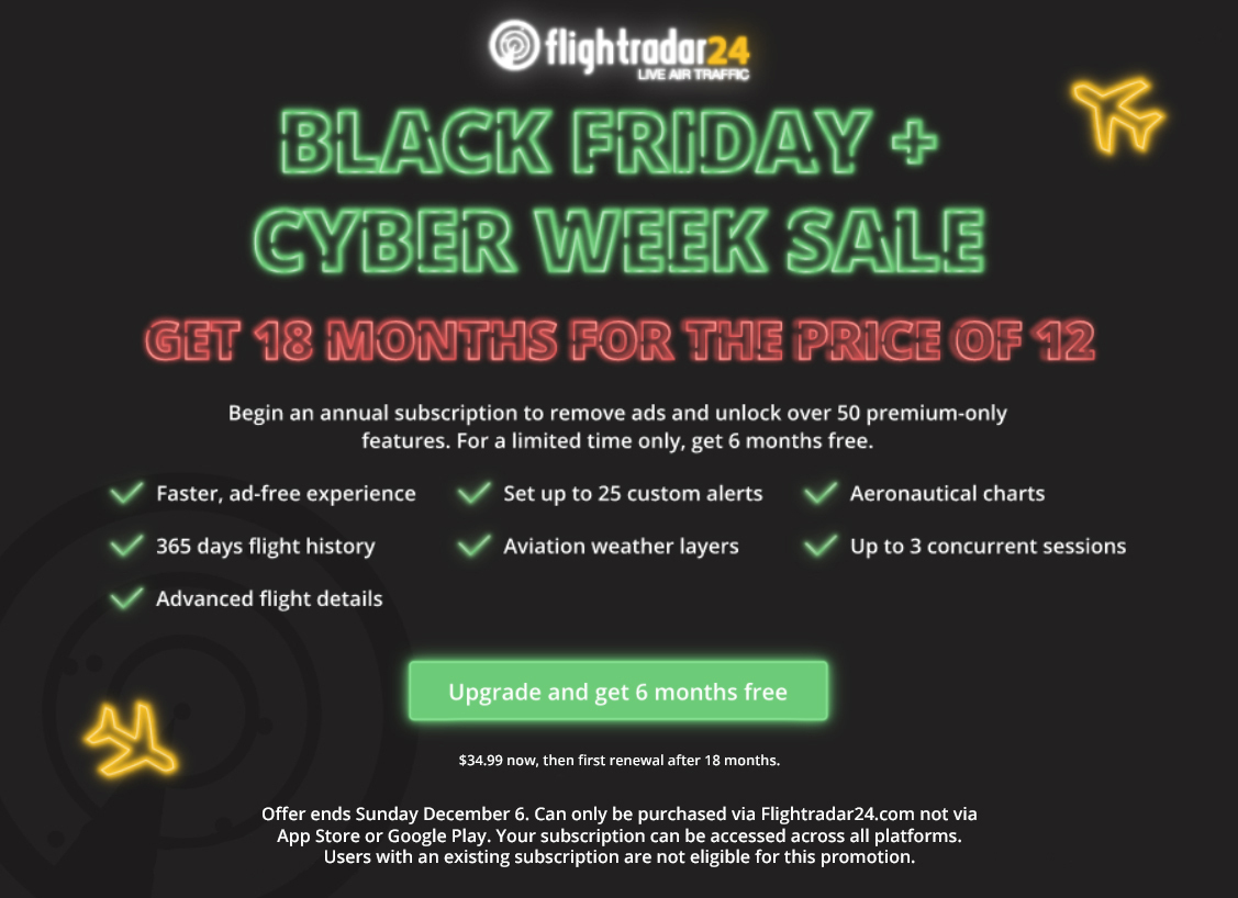 Flightradar24 on X: "Our Cyber Week sale continues through Sunday. Get 6 months free with an 18 month subscription for the price of 12. Begin your Flightradar24 subscription today to access more