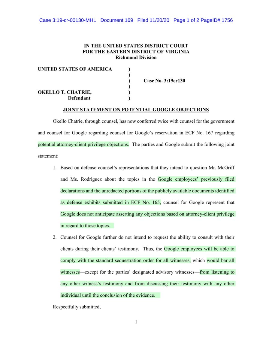 Oh you thought I forgot about this case? that would be a hard NOPENovember 20, 2020 JSRImma gonna need a minute or two to locate document 167 but it’s notable what Google has agreed to & what it wont object to... https://ecf.vaed.uscourts.gov/doc1/189110887476