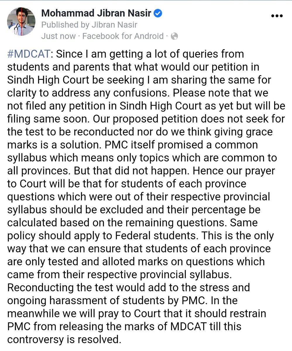 MJibranNasir's tweet photo. #MDCAT: As a lot of students/parents are contacting me about what our proposed petition before Hon' Sindh High Court will be seeking I am sharing same for clarification. Pls note this is only my view and any student disagreeing with it has every right to approach Court separately https://t.co/VTMTzcr4zl