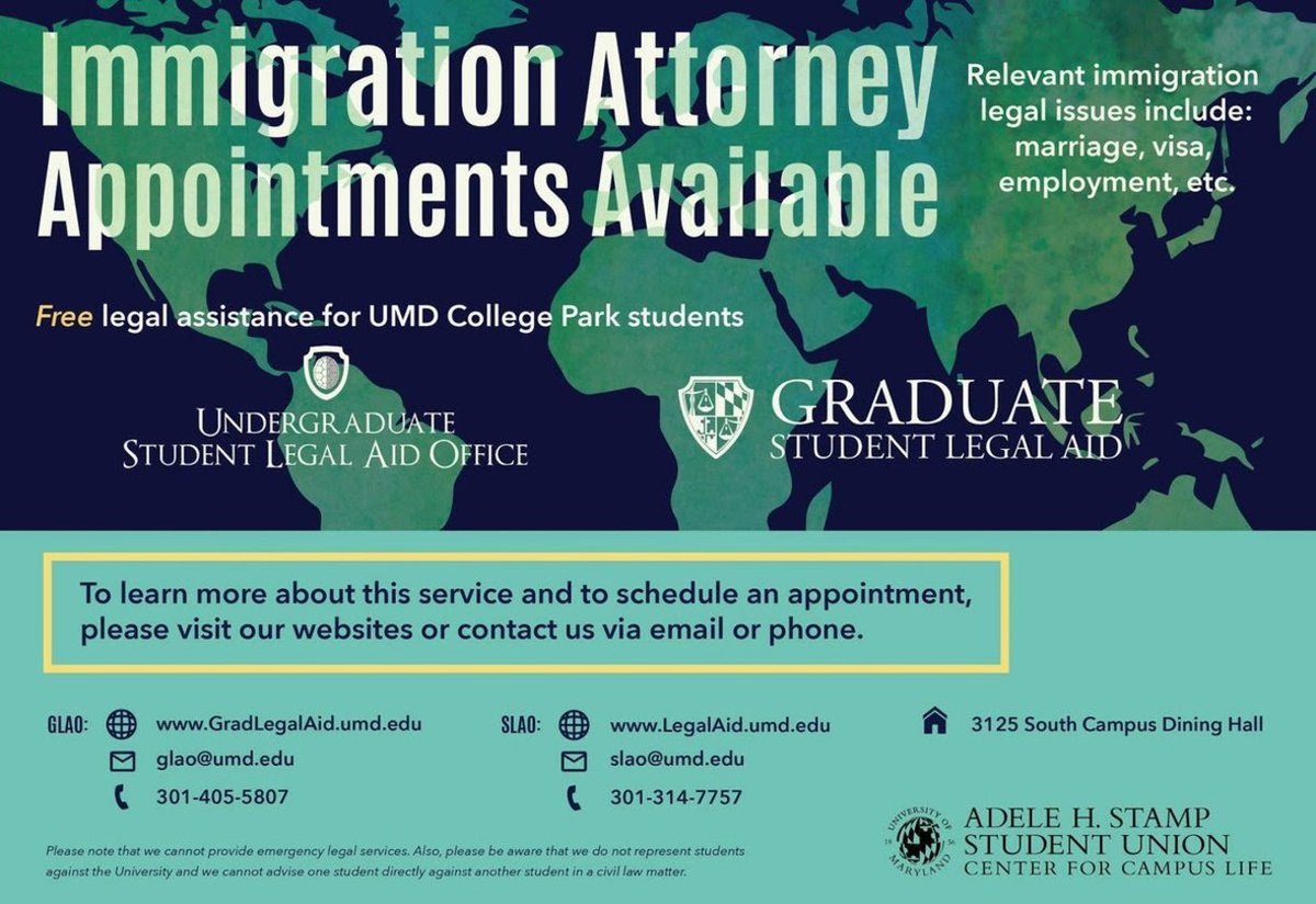 The Undergraduate and Graduate Legal Aid Offices are offering immigration appointments exclusively for UMD College Park students. Click on our Linktree link to sign up and learn more.

linktr.ee/umdundoc