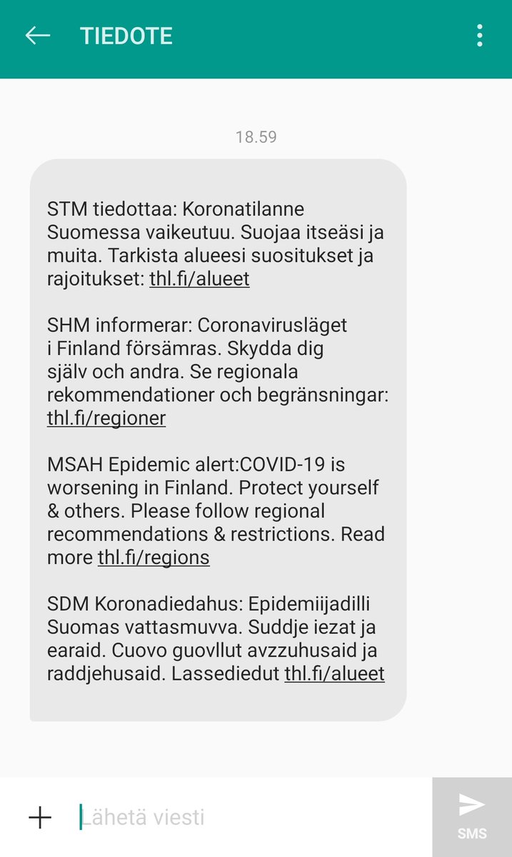 NinaInto's tweet photo. Viimeksi kun tuli massatekstari valtionhallinnon suunnasta, niin siinä onniteltiin 100-vuotiasta Suomea. Tällä kertaa tämmönen. 🤷🏻‍♀️ #koronatiedote #StaySafeStayHealthy https://t.co/dBVnEybWR1