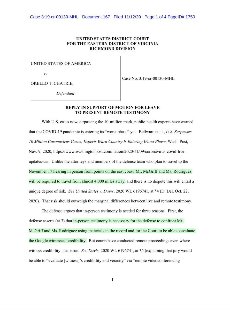 Doc 167defense argues.. in-person testimony is necessary to ensure the witnesses can be sequestered sans access to “communication with others who are not testifying” essentially Google wants the option of remote testimony whereas Chatrie wasn’t in person https://ecf.vaed.uscourts.gov/doc1/189110865670