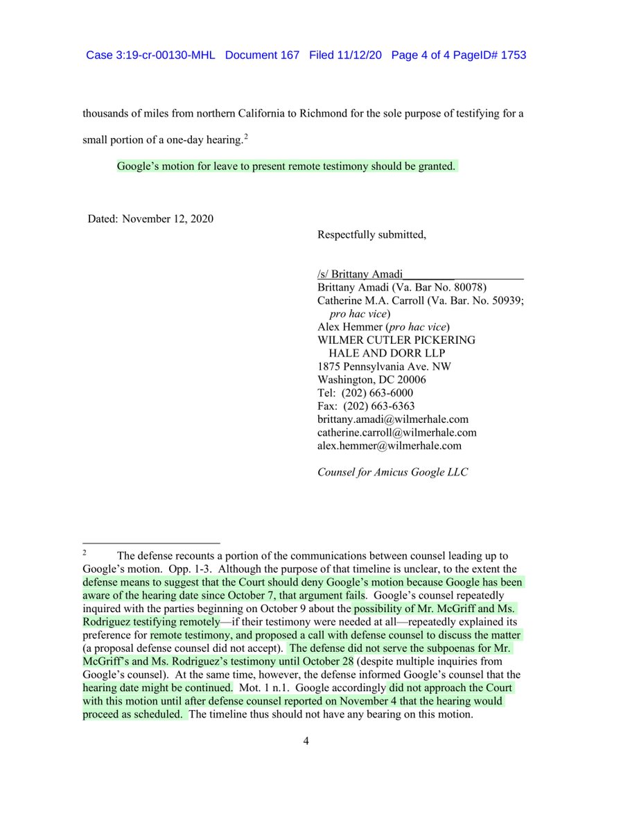 Doc 167defense argues.. in-person testimony is necessary to ensure the witnesses can be sequestered sans access to “communication with others who are not testifying” essentially Google wants the option of remote testimony whereas Chatrie wasn’t in person https://ecf.vaed.uscourts.gov/doc1/189110865670