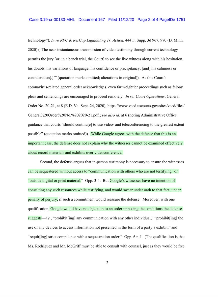 Doc 167defense argues.. in-person testimony is necessary to ensure the witnesses can be sequestered sans access to “communication with others who are not testifying” essentially Google wants the option of remote testimony whereas Chatrie wasn’t in person https://ecf.vaed.uscourts.gov/doc1/189110865670