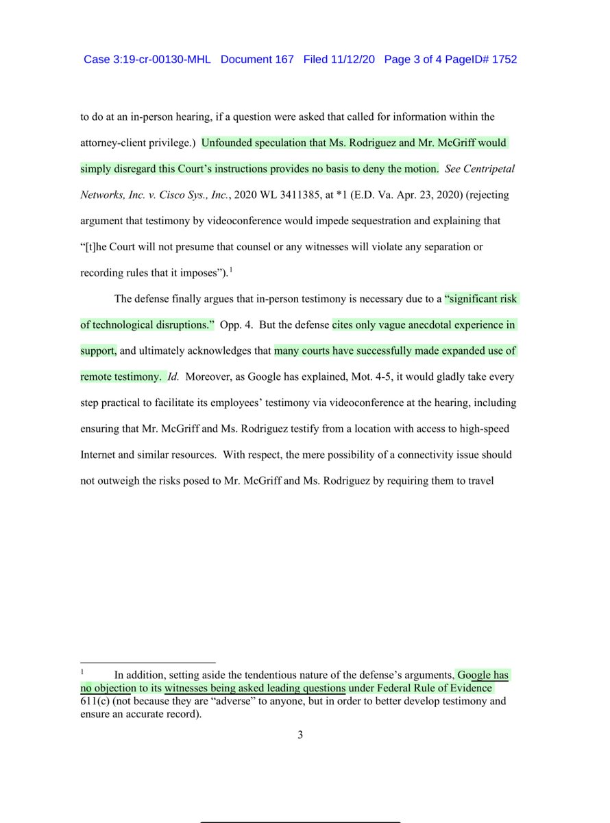 Doc 167defense argues.. in-person testimony is necessary to ensure the witnesses can be sequestered sans access to “communication with others who are not testifying” essentially Google wants the option of remote testimony whereas Chatrie wasn’t in person https://ecf.vaed.uscourts.gov/doc1/189110865670