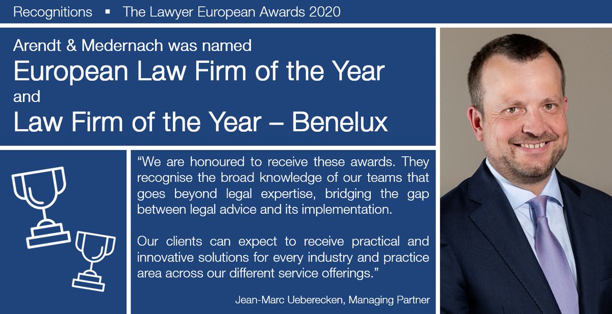 ArendtMedernach's tweet photo. We are proud to announce that Arendt & Medernach was named
🏆 ‘European Law Firm of the Year’
and
🏆 ‘Law Firm of the Year for Benelux’
at The Lawyer European Awards 2020: https://t.co/4gwAiar0y6
#Luxembourg #LawFirm #law #lawyer #lawyers #innovation #legalnews #business #tlea20 https://t.co/xIX8LQQBt2