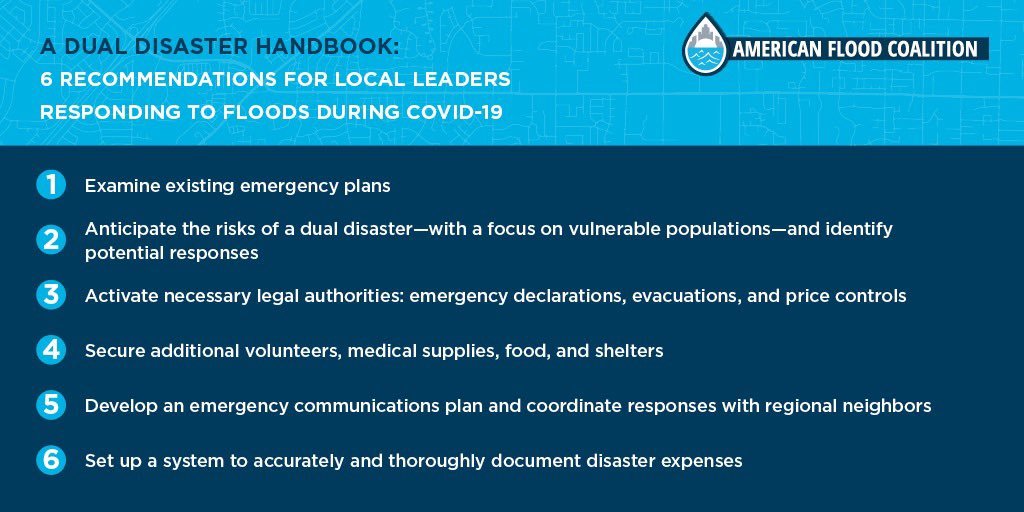 floodcoalition's tweet image. At the start of #HurricaneSeason, we joined @PublicHealth in releasing the #DualDisaster Handbook, a comprehensive guide to help local leaders address the overlapping threat of flooding and the COVID-19 pandemic. Read on for tips on how to prepare: bit.ly/2VrClMf