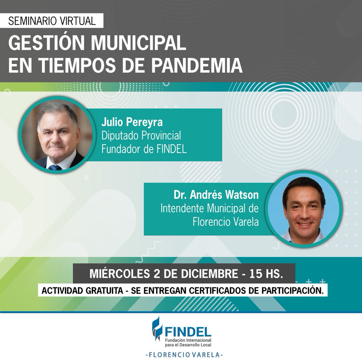 FINDEL_Varela's tweet photo. A las 15 horas comienza el último #SeminarioVirtual del año. Estará a cargo del diputado @PereyraJulio y el intendente @Andreswatsonok.  

Sumate en 👉 https://t.co/KNTbfR5LPr

#GobiernosLocales https://t.co/1MhayjSW7W
