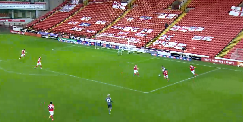 Here Lolley has kept wide right, getting on the ball and then driving inside but eventually defended well for a corner.  #NFFC