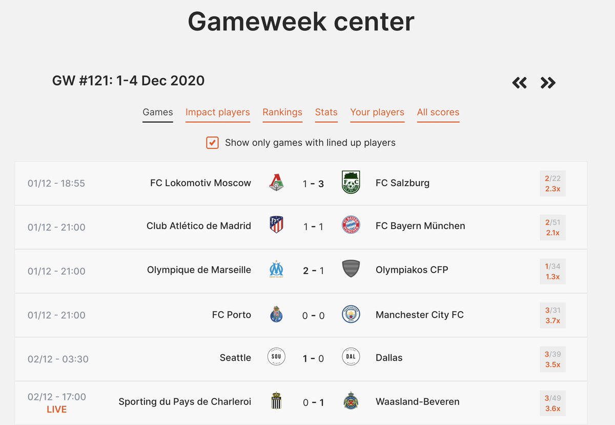 I want to see how my lineups are doing! Let's head to the gameweek center.Let's check out what games are being played right now. Ooh. Charleroi is playing and my man Morioka has to score big!Let's check his performance. You gotta do better Ryota!