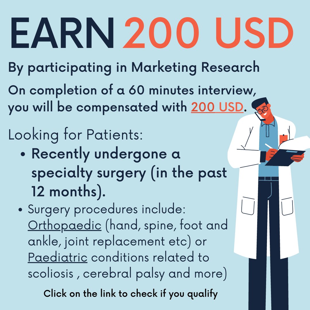 PdiOpinion's tweet photo. Earn 200 USD by participating 60 min zoom interview about your surgery. 

Please click the link - https://t.co/hN2dvnrKij? to check if you qualify.

#rewards #Opinion #orthopaedicsurgery #anglereplacement #surgery #Pediatrics https://t.co/HEEYSjGErB