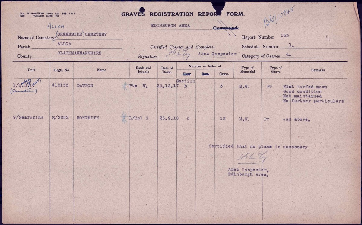 No. 395  #CWGCAtoZ Alloa (Greenside) Cemetery, Scotland  https://bit.ly/3myDYU7&nbsp; contains 2  #FWW  @CWGC graves, including that of Private William Dawson. William, an engineer by trade, was born in Alloa, but the outbreak of war found him living in Canada. 1/5