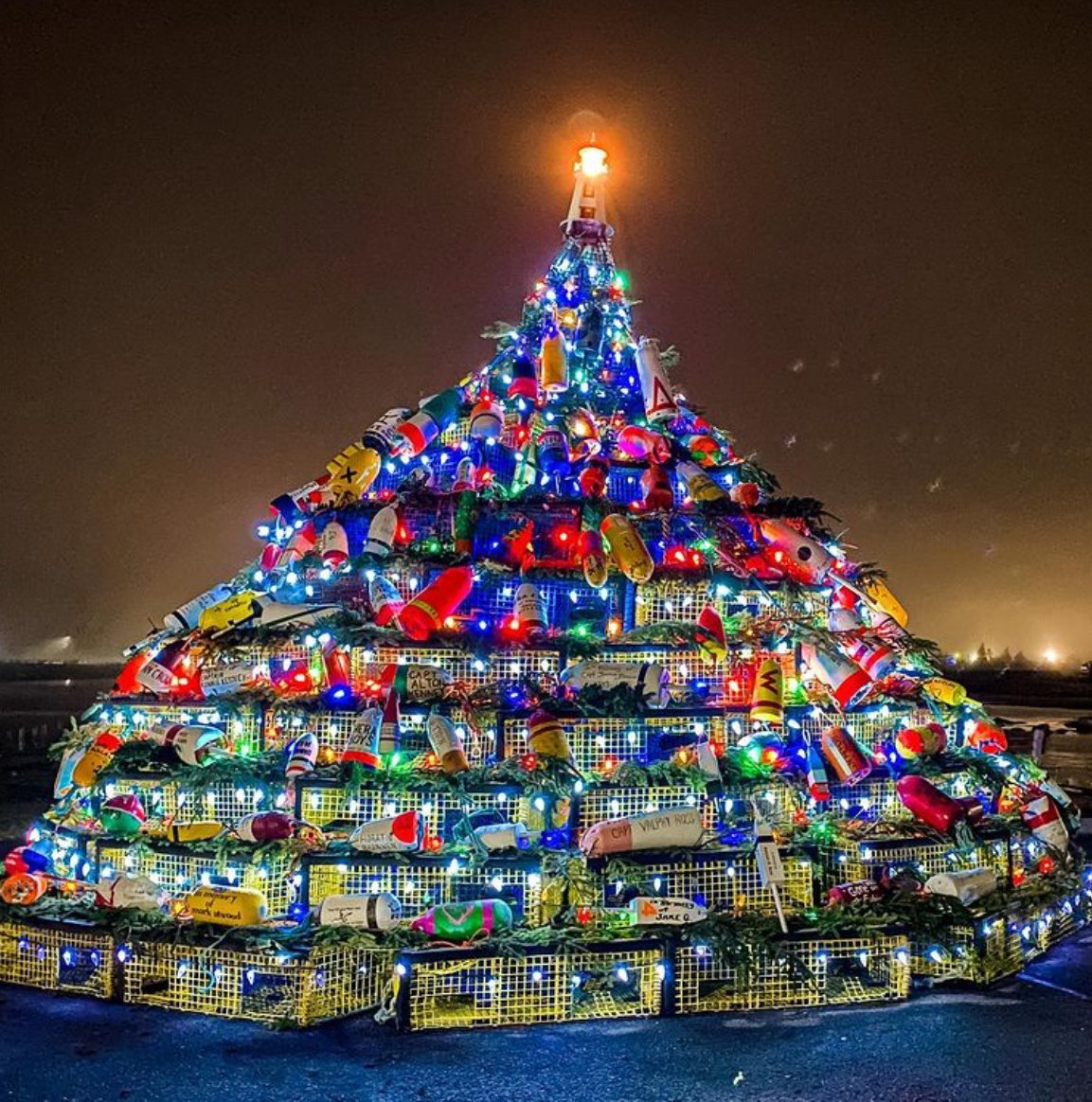 DocksRUsHalifax's tweet photo. The lobster trap Christmas tree in Barrington, NS is lit up for the season. What a beautiful site on the dock. 🎄 #tistheseason #docksrus #halifax https://t.co/xYnFDDTkdQ