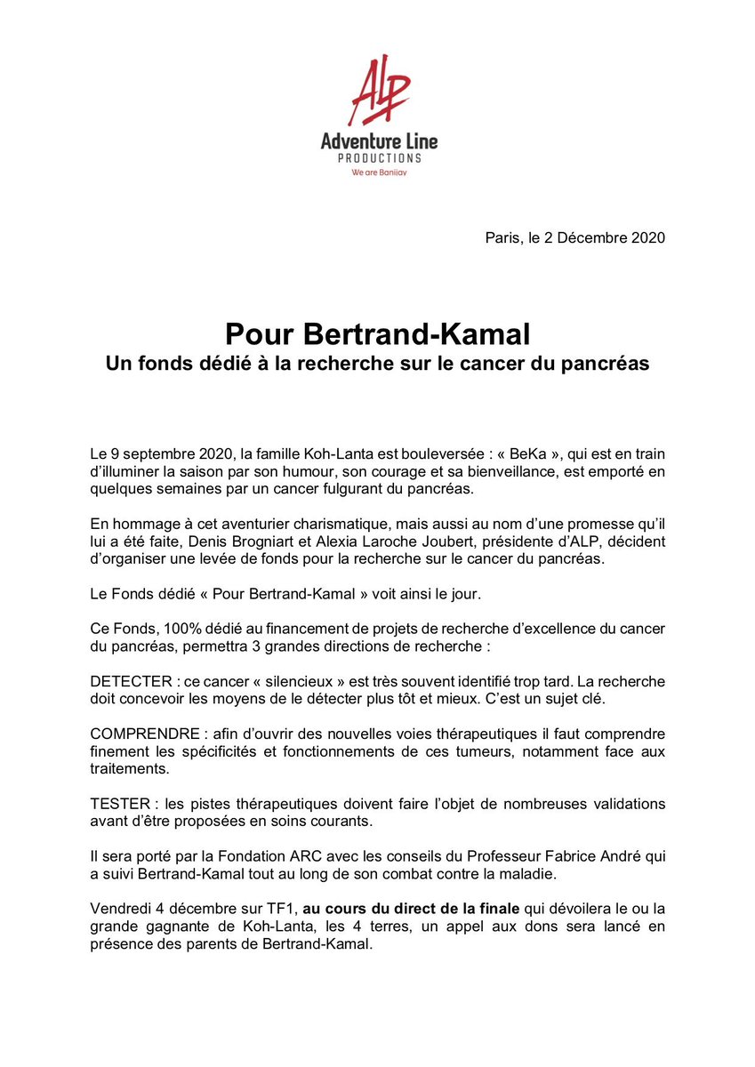 Alpfr's tweet image. Suite à la promesse de @DenisBrogniart
 à #BertrandKamal @KohLantaTF1
, et avec l'impulsion de @ALJ
,  un fonds, porté par la @FondationARC
, dédié 100% au cancer du pancréas verra le jour vendredi soir sur @TF1
  lors de la finale de #KohLantaLes4Terres