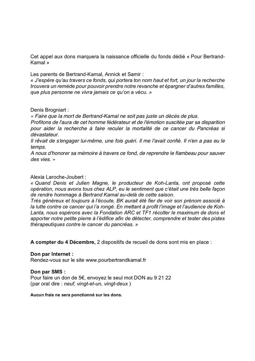 Alpfr's tweet image. Suite à la promesse de @DenisBrogniart
 à #BertrandKamal @KohLantaTF1
, et avec l'impulsion de @ALJ
,  un fonds, porté par la @FondationARC
, dédié 100% au cancer du pancréas verra le jour vendredi soir sur @TF1
  lors de la finale de #KohLantaLes4Terres