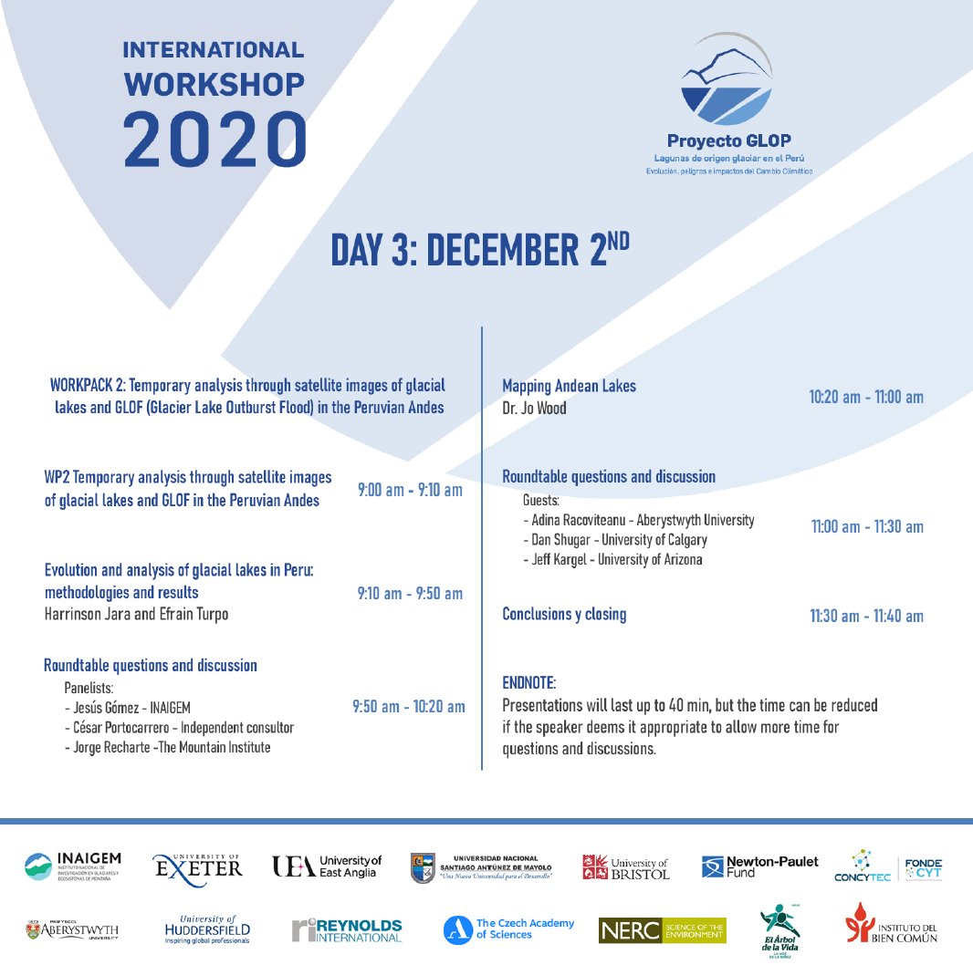 eisstrom's tweet photo. 3rd & final day of #projectGLOP international workshop. Today we are discussing lakes & GLOFs in #Peru - where are they and how big? Today we have Harrinson Jara @InaigemPeru & Efrain Turpo @ibcperu talking lake evolution & I will present a new lake & GLOF inventory for Peru https://t.co/YF1l7VRSA3