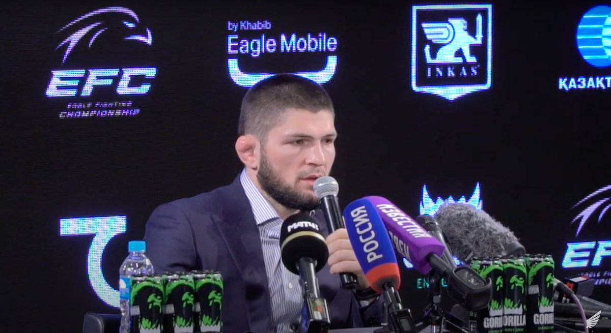 Chisanga_Malata's tweet photo. Khabib Nurmagomedov officially announced the formation of Eagle Fighting Championship today. 

The promotion's shows will be aired on #UFC Fight Pass.

Additionally, Khabib said he'll only end his retirement from MMA if his mother gives him her blessing. https://t.co/kIunrkVD1b