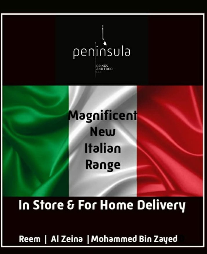 doubleaccount23's tweet photo. Our Magnificent Italian Range is back. Available In-Store &amp; For Home delivery. https://t.co/1wjjFpUZxw

Store timings is 9:30am to 9:30pm. Great offers for the long weekend! 

Reem Island l Al Zeina l Mohammed Bin Zayed

#peninsuladrinks #peninsulareem #pininsulaalzeina #AbuDhabi https://t.co/kMpPZCaPKs