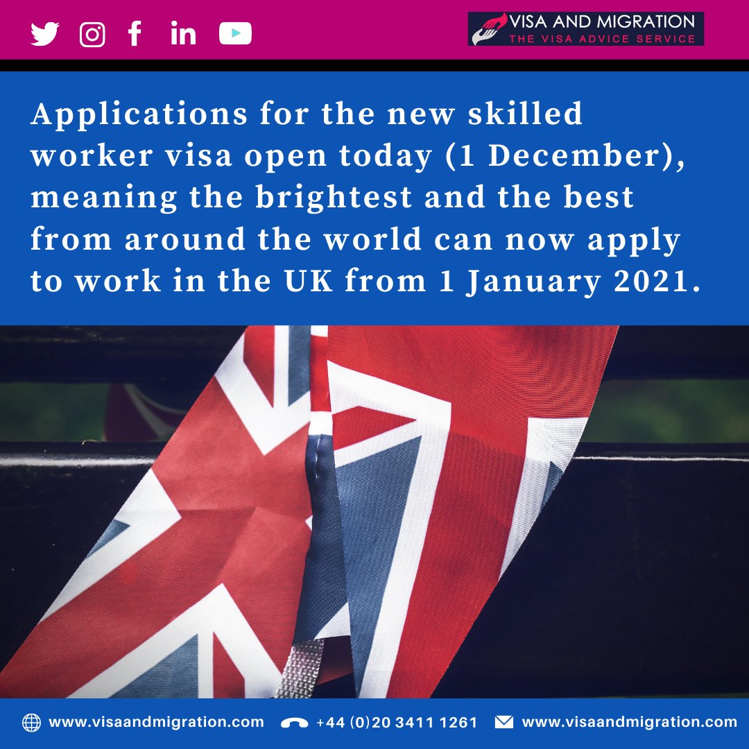 visamigrationuk's tweet photo. 🇬🇧Applications for the new skilled worker visa open today (1 December), meaning the brightest and the best from around the world can now apply to work in the UK from 1 January 2021.
👉Read details here: https://t.co/X79fkRQKRK
#ukimmigration #visaandmigration #PointsBasedSystem https://t.co/VTJxxxipVa