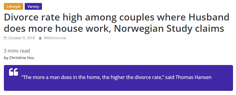 Research suggests that deviation from traditional gender roles increases the rate of divorce.