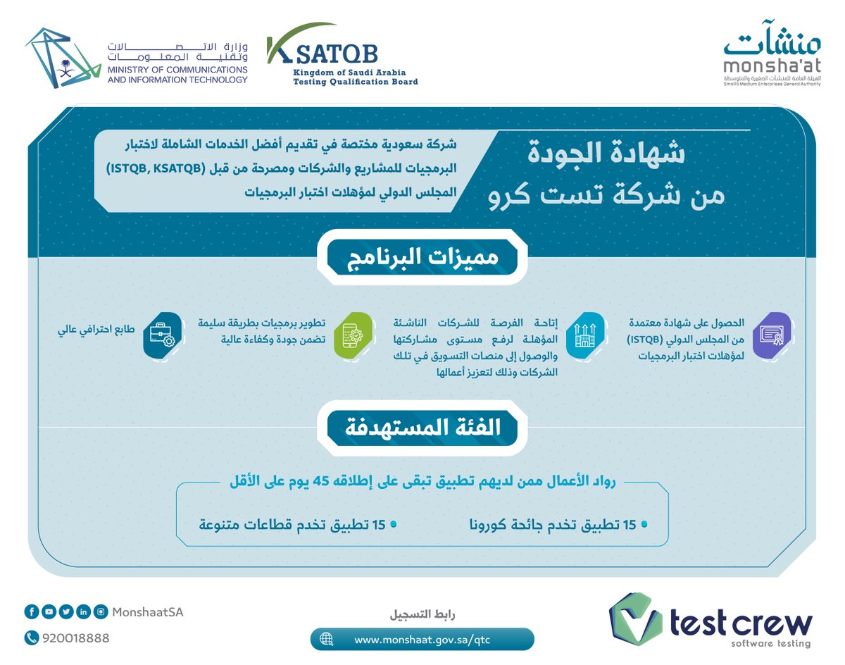 لتطوير برمجيات منشأتك والوصول لمنصات التسويق بسهولة؛ بادر بالتسجيل والحصول على شهادة الجودة من شركة تست كرو @the_TestCrew.

للتسجيل:
monshaat.gov.sa/qtc

#منشآت