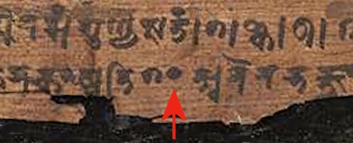 41/51The next big exhibit comes from, by the most liberal of estimates, around 224 AD. It's a Sanskrit text written in the Śāradā script (a 3rd generation descendant of Brahmi) on a piece of birch bark that was discovered in Bakhshali near Peshawar in 1881.