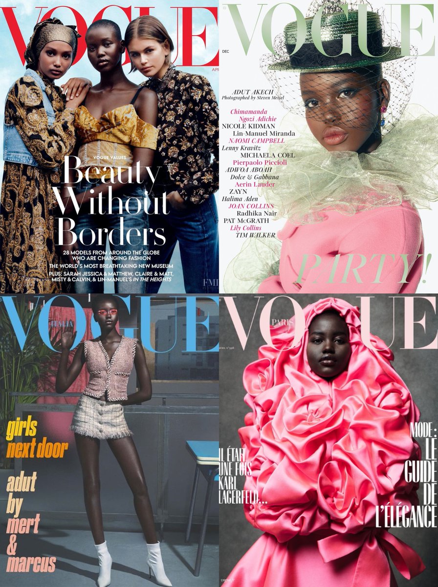 Adut AkechIn order: Vogue US April 2020Vogue UK December 2018Vogue Italy April 2018Vogue Paris April 2019
