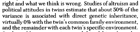Please note that these are ballpark figures only. Actual numbers vary from trait to trait. For example, IQ has a genetic component of 0.5 – 0.8, whereas political attitudes, traditionalism, sex attitudes, feminism has a genetic component of 0.4 – 0.5.