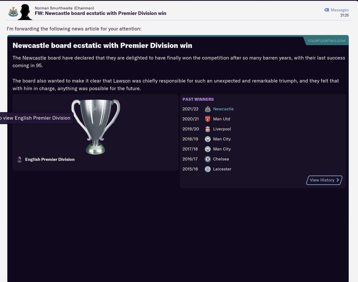 That  #NUFC were crowned champions  losing just one game all season.  #FM21  