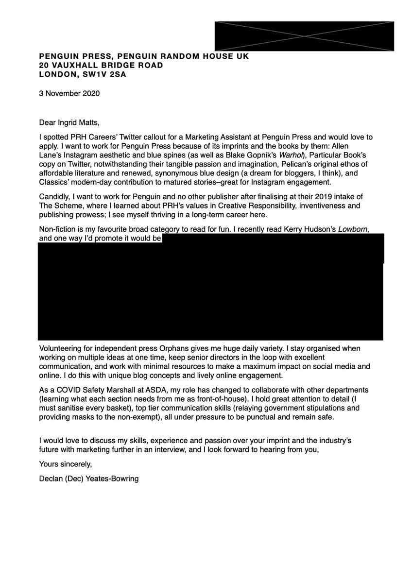 The cover letter. I was professionally warned of some yellow flags in my letter, so do not imitate. Crucially: avoid Dear Sirs. This is not the 70's, and no one likes patriarchy. (Shout out to  @ThatKerryHudson's Lowborn here). [AltText included]
