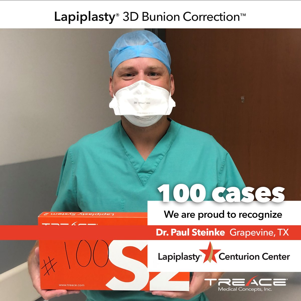We are proud to congratulate Dr. Paul Steinke (Grapevine, TX) on joining the Lapiplasty® Centurion club! Dr. Steinke and his team recently treated their 100th Lapiplasty® 3D Bunion Correction™ patient.

#lapiplastycenturioncenter #lapiplasty #fixitrightthefirsttime #bunion