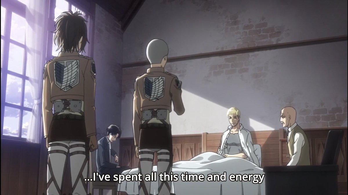 yuuiichann's tweet photo. I was rewatching, and this was Levi’s response to Conny and Hange when they told Erwin and Levi that all the titans might be humans 
#aotS2ep12 https://t.co/7WNBOPwEwd