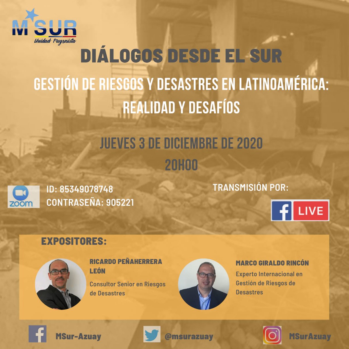 msurazuay's tweet photo. ¿Está Latinoamérica preparada para enfrentar desastres? ¿Cuál es la realidad en Ecuador? Les invitamos a ser parte de este importante análisis en #DiálogosdelSur este jueves a las 20h00 👇
@KinttoLucas @ecuarauz @UNESECUADOR @MSurprogresista https://t.co/IT1q8LecHX
