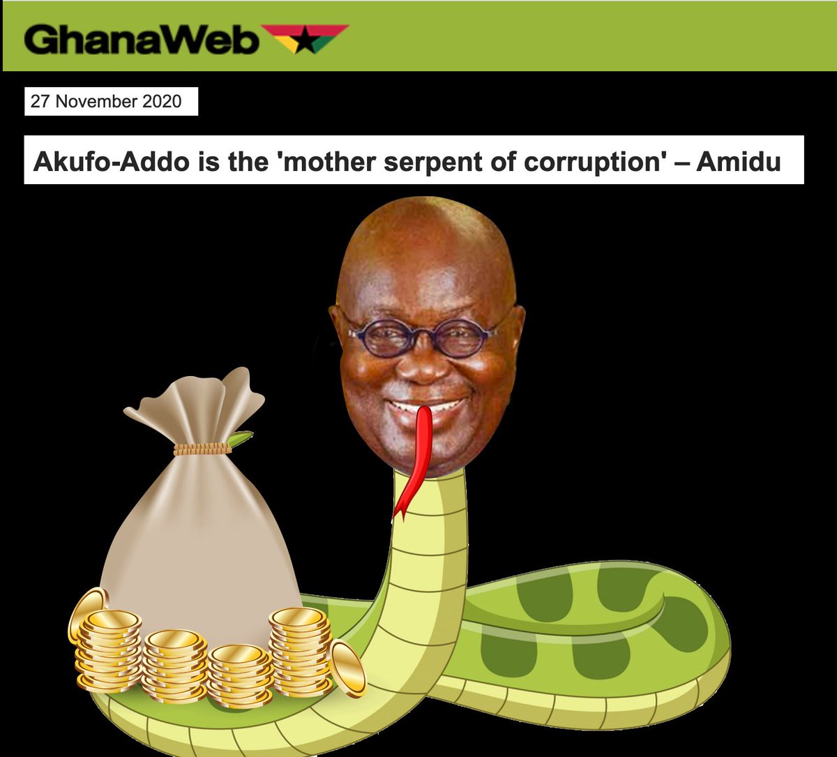 NicholasNiiArm1's tweet photo. A most corrupt President Akufo-Addo.

Medikal #WhyKillSuale Bobrisky Steff Barca iPhone 12 National Security #4MoreForNana Kidd Rebecca Mobile Money Kumerica Free SHS Messi Burna Dumelo #gmabcelectioncamp #GhanaDecides #GhanaElections Nana Addo #EverythingErica UEFA Buhari https://t.co/HwEuP1uHmE