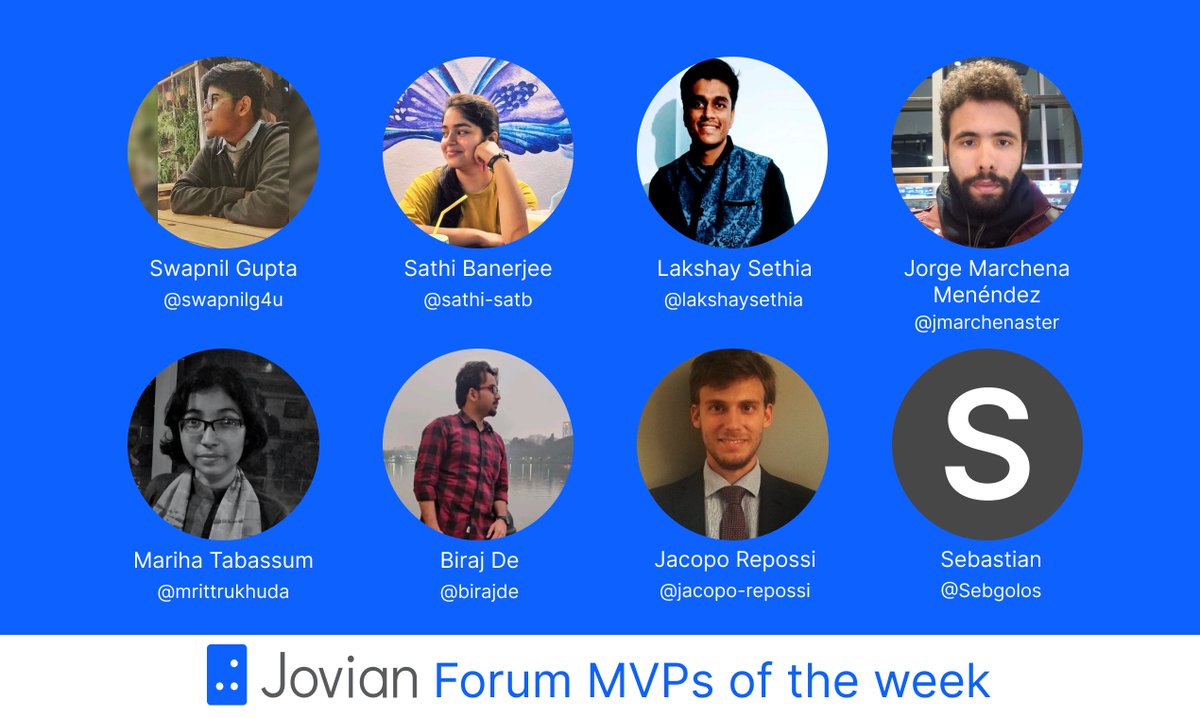 JovianHQ's tweet image. Here are the Jovian MVPs of the week. Check out their profiles using the handles mentioned!
Congratulations to all 🎉

Support others in the Forum to get featured.