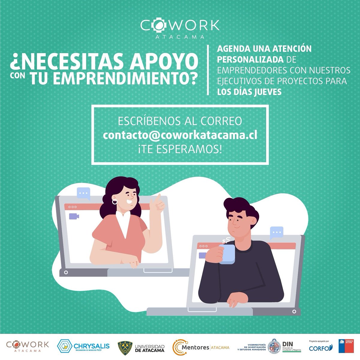 ¿Necesitas asesoría para tu emprendimiento?❓
Agenda una hora gratuita online📲💻 para los días jueves 🗓️, con uno de nuestros ejecutivos de proyectos 🙋🙋‍♀️.

Escríbenos al correo 👇 📧 contacto@coworkatacama.cl 

¡Te esperamos❗
