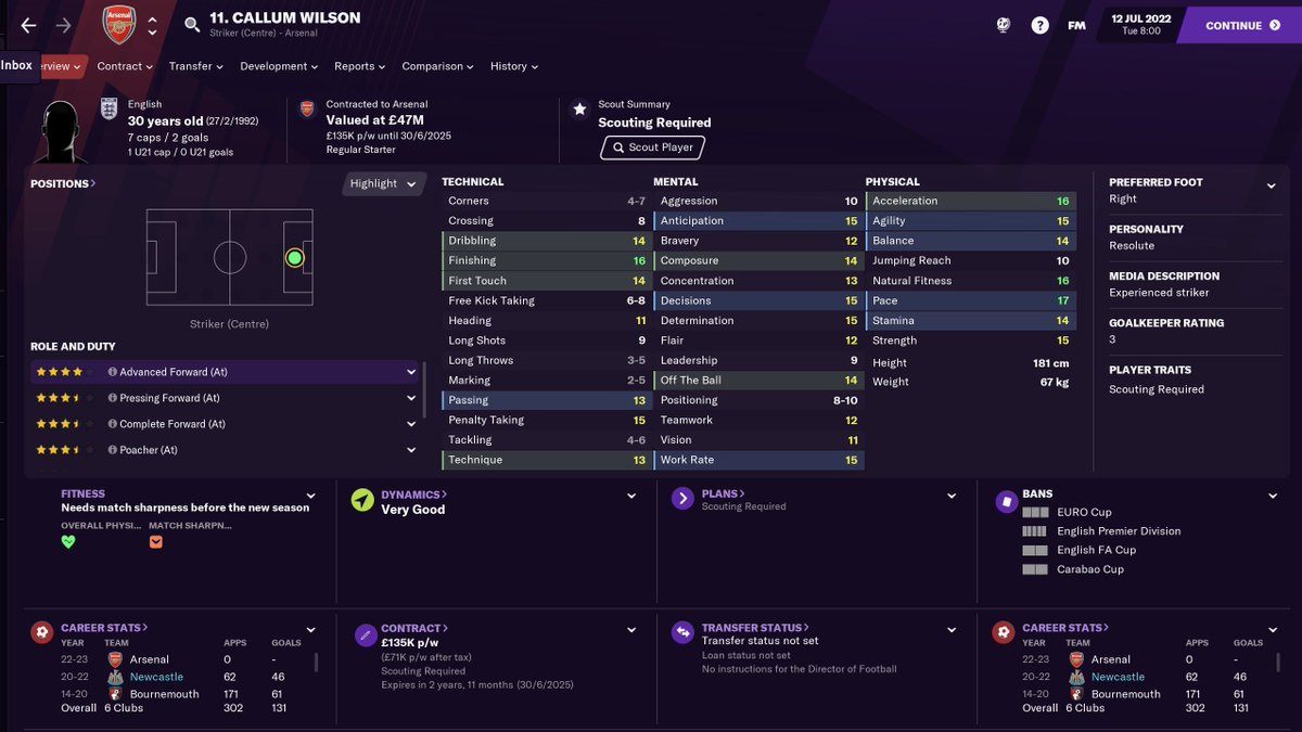 PLAYERS OF THE SEASONCallum WilsonAs all  #NUFC  #FM21   players now know, Wilson is a goal machine. He scored  22 goals in the league & showed up in big games too.But his age worried me & I wanted market value so as you can see, he has moved on. A legend IRL & virtually.